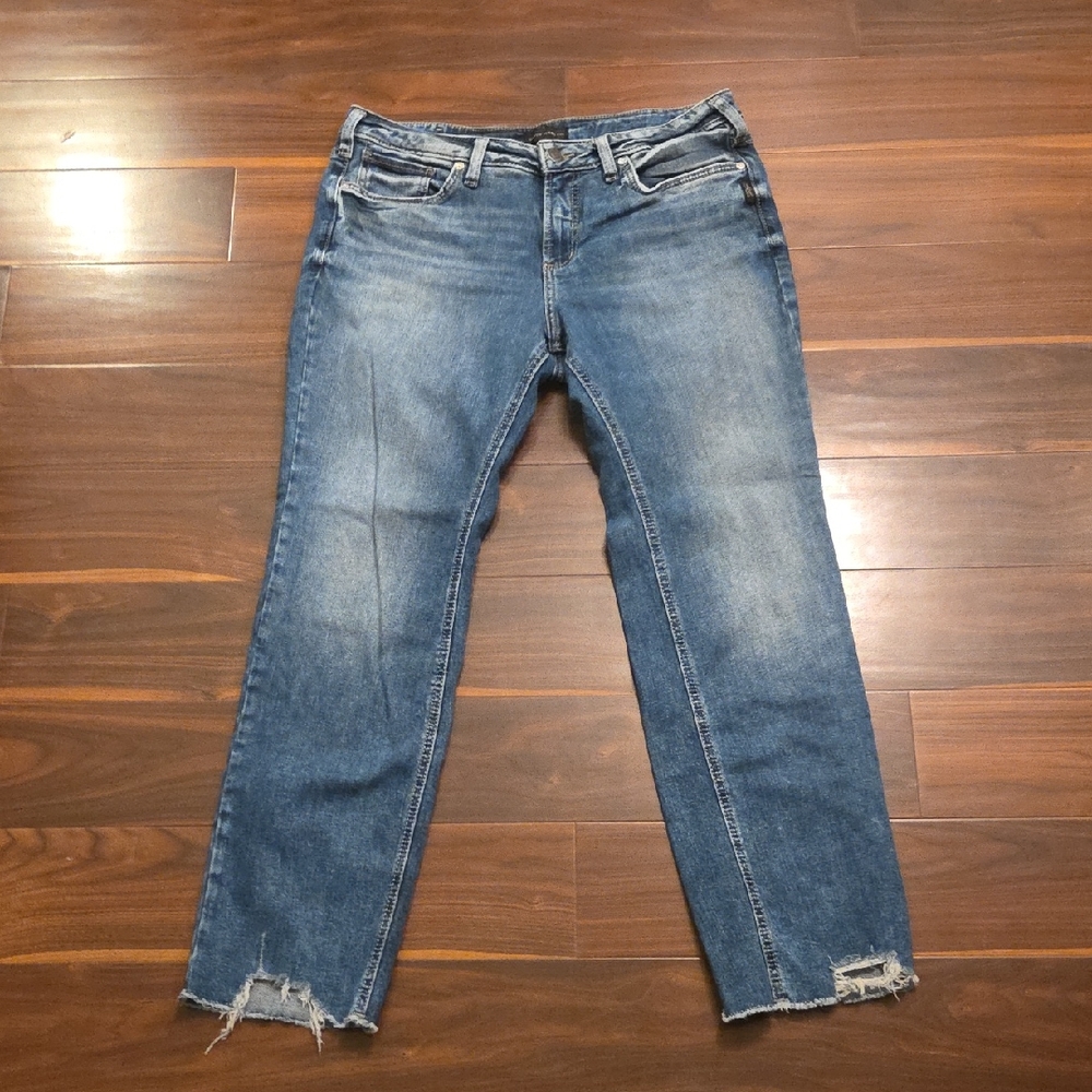 Silver Jeans Women's Suki Straight Leg Blue Jeans, Distressed Sz 34X29